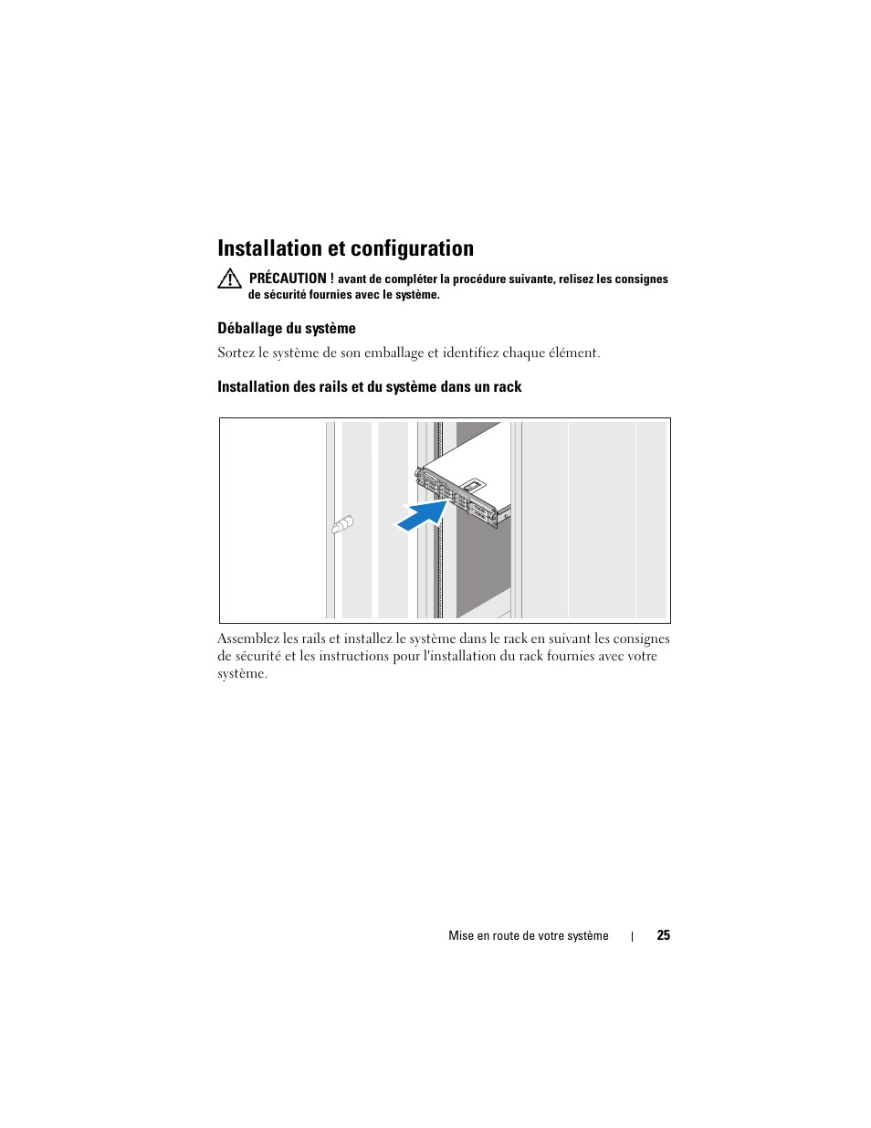 Installation et configuration, Déballage du système, Installation des rails et du système dans un rack | Dell PowerVault DL2000 User Manual | Page 27 / 70