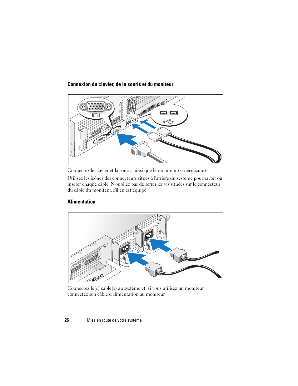 Connexion du clavier, de la souris et du moniteur, Alimentation | Dell PowerVault DL2000 User Manual | Page 28 / 70