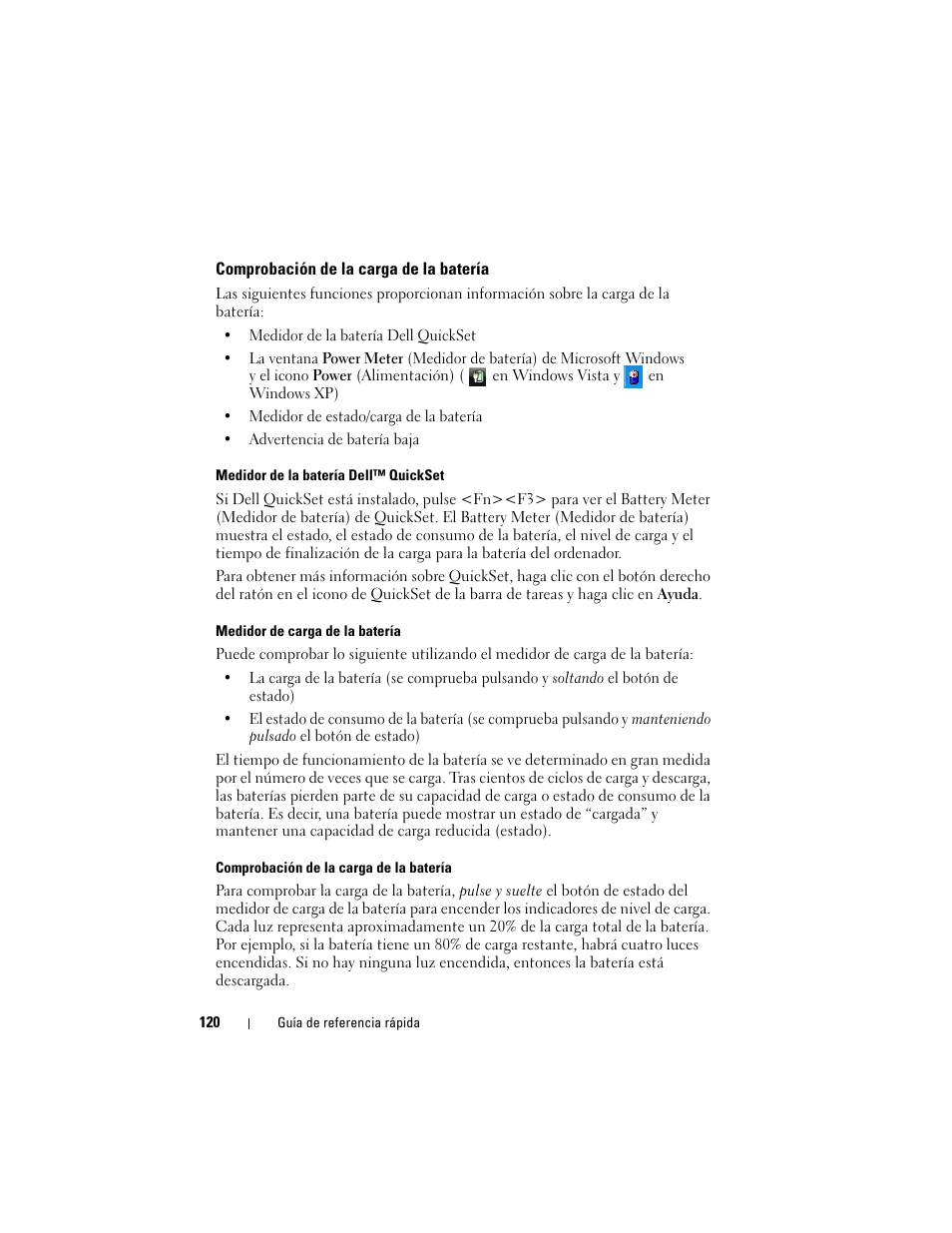 Comprobación de la carga de la batería | Dell Latitude XT (Late 2007) User Manual | Page 120 / 134