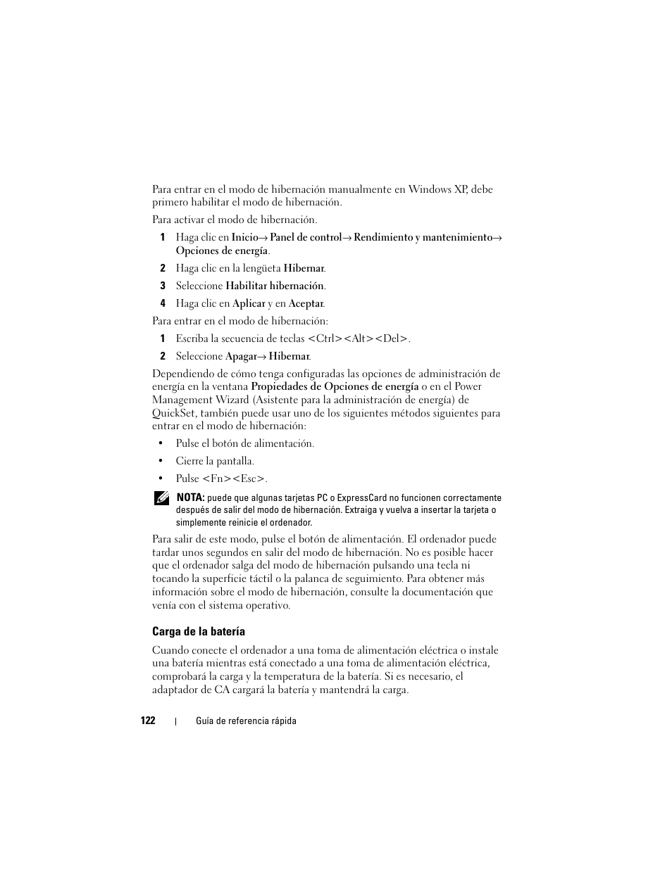 Carga de la batería | Dell Latitude XT (Late 2007) User Manual | Page 122 / 134