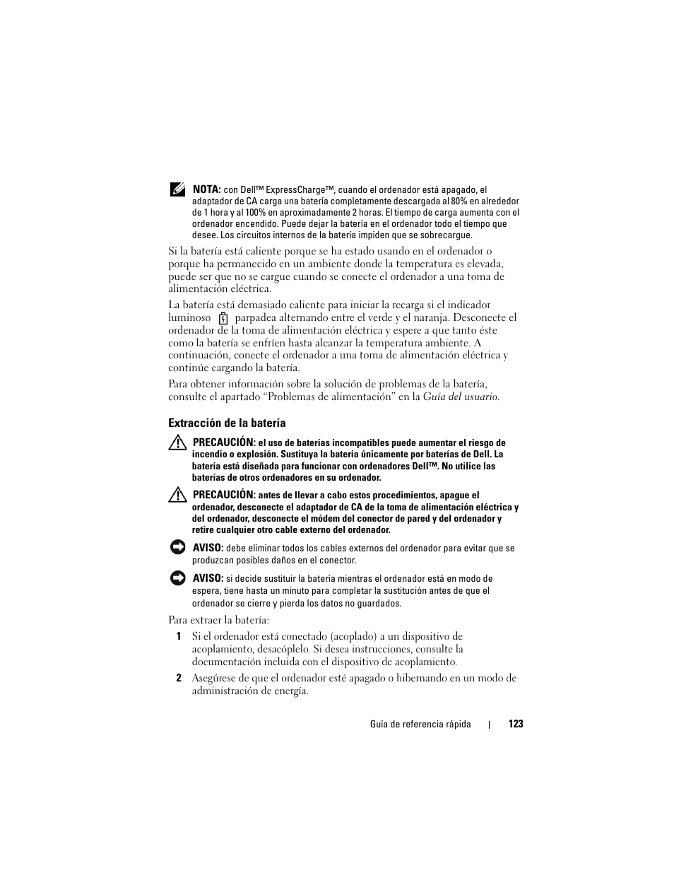 Extracción de la batería | Dell Latitude XT (Late 2007) User Manual | Page 123 / 134