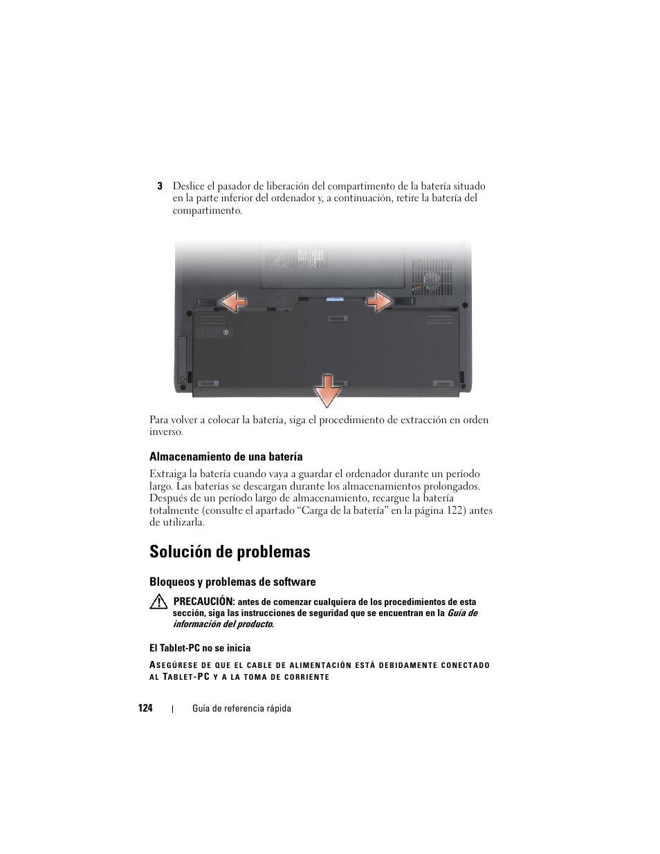 Almacenamiento de una batería, Solución de problemas, Bloqueos y problemas de software | Dell Latitude XT (Late 2007) User Manual | Page 124 / 134