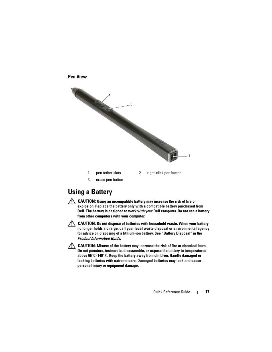 Pen view, Using a battery | Dell Latitude XT (Late 2007) User Manual | Page 17 / 134