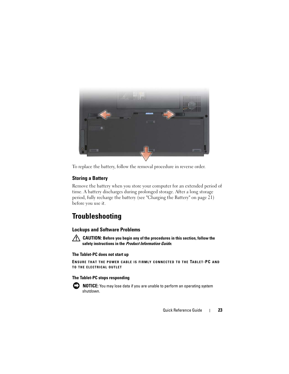Storing a battery, Troubleshooting, Lockups and software problems | Dell Latitude XT (Late 2007) User Manual | Page 23 / 134