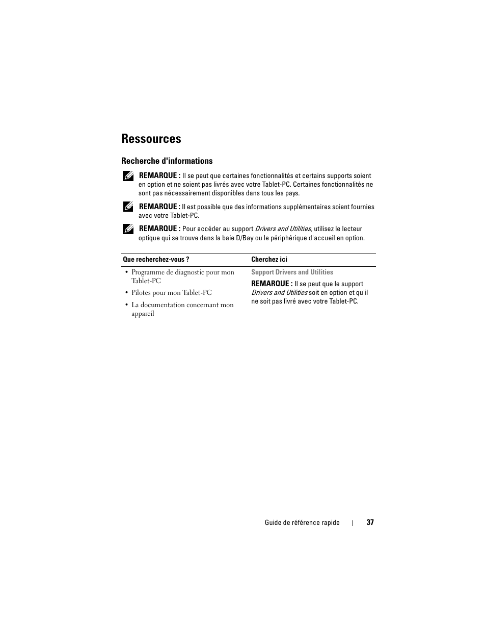 Ressources, Recherche d'informations | Dell Latitude XT (Late 2007) User Manual | Page 37 / 134