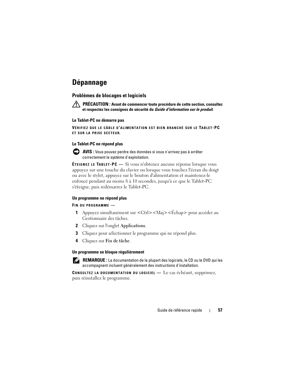 Dépannage, Problèmes de blocages et logiciels | Dell Latitude XT (Late 2007) User Manual | Page 57 / 134