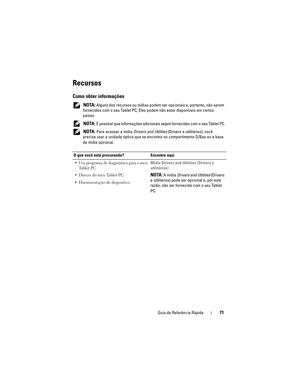 Recursos, Como obter informações | Dell Latitude XT (Late 2007) User Manual | Page 71 / 134