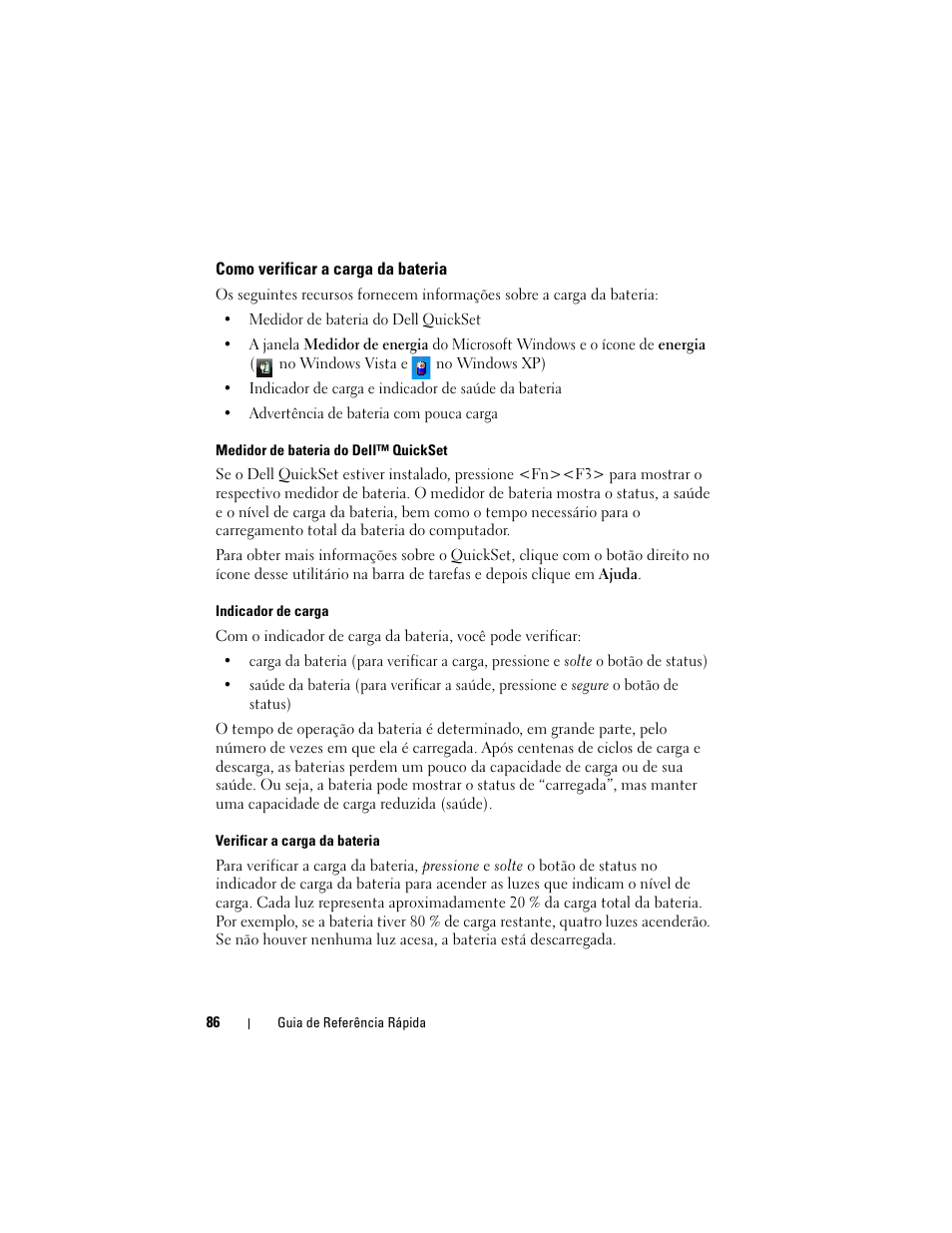 Como verificar a carga da bateria | Dell Latitude XT (Late 2007) User Manual | Page 86 / 134