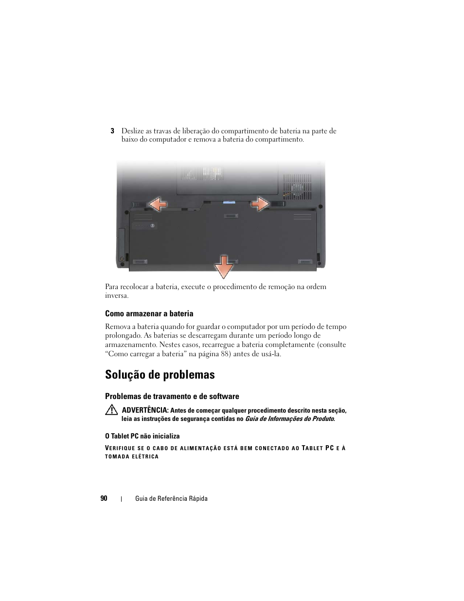 Como armazenar a bateria, Solução de problemas, Problemas de travamento e de software | Dell Latitude XT (Late 2007) User Manual | Page 90 / 134