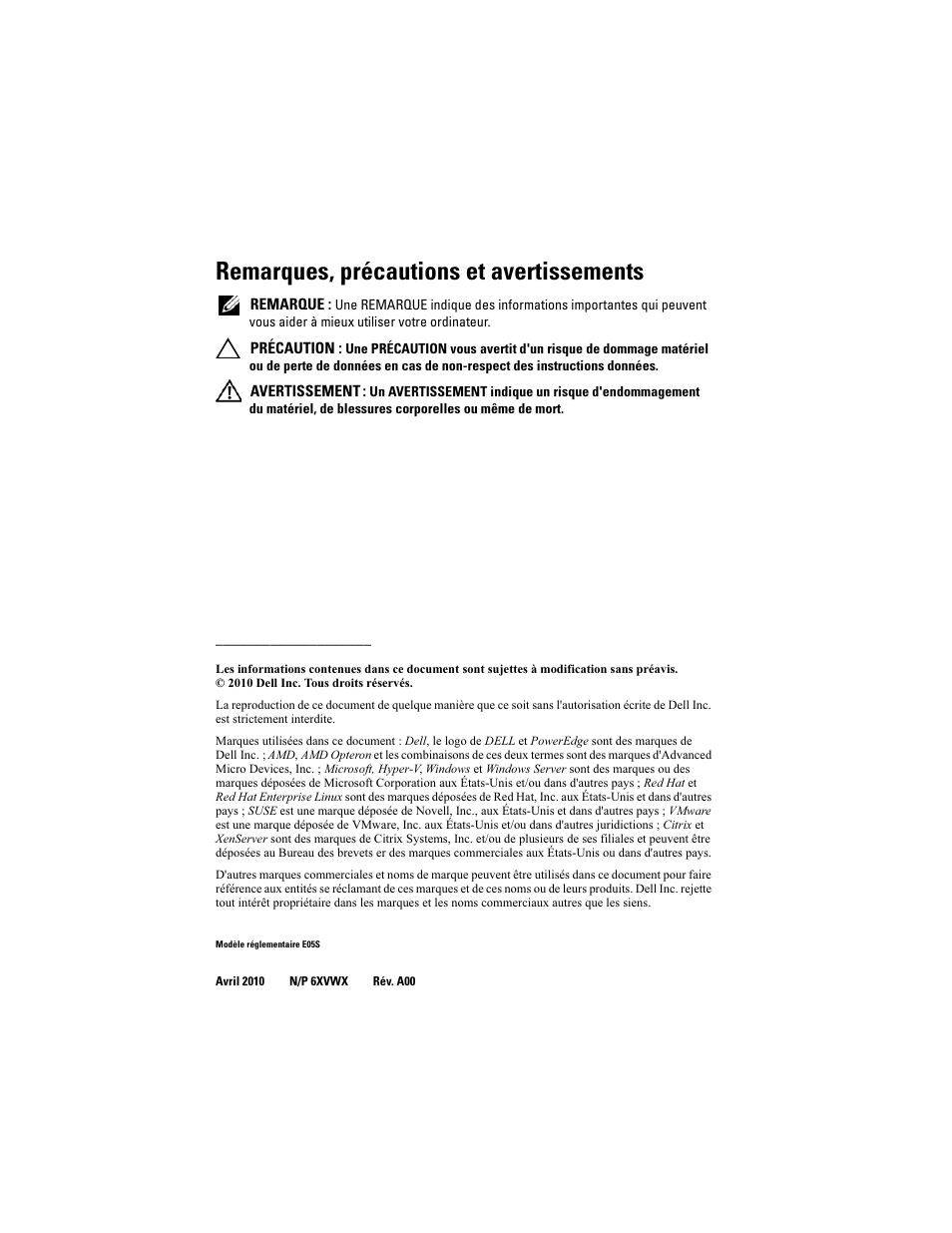 Remarques, précautions et avertissements | Dell PowerEdge R715 User Manual | Page 16 / 54
