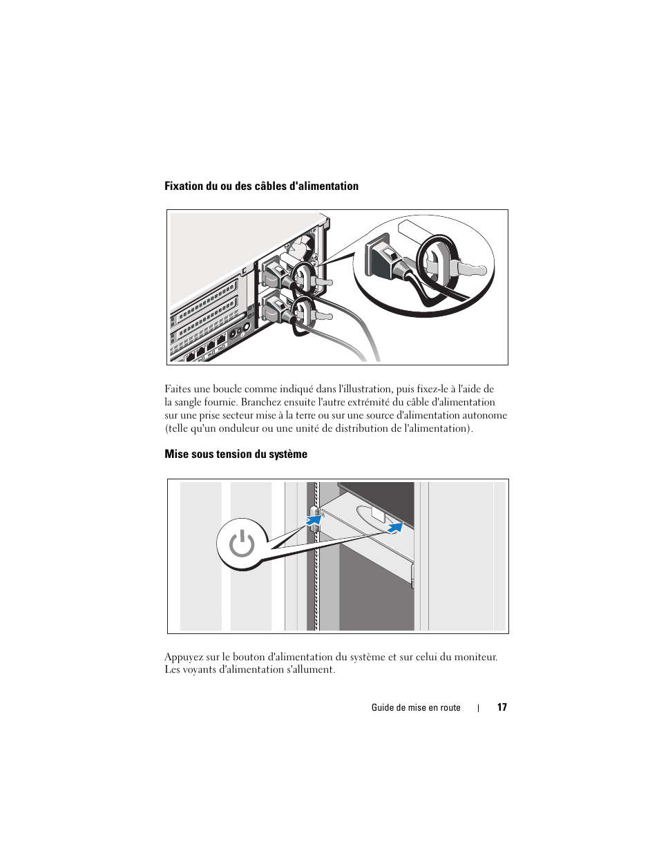 Fixation du ou des câbles d'alimentation, Mise sous tension du système | Dell PowerEdge R715 User Manual | Page 19 / 54