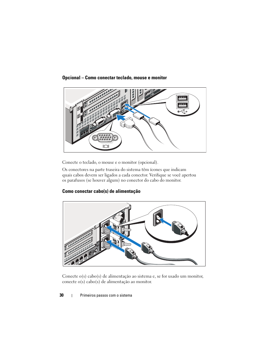 Opcional - como conectar teclado, mouse e monitor, Como conectar cabo(s) de alimentação | Dell PowerEdge R715 User Manual | Page 32 / 54