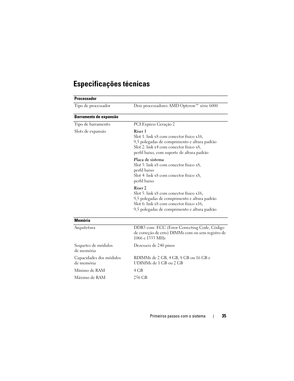 Especificações técnicas | Dell PowerEdge R715 User Manual | Page 37 / 54