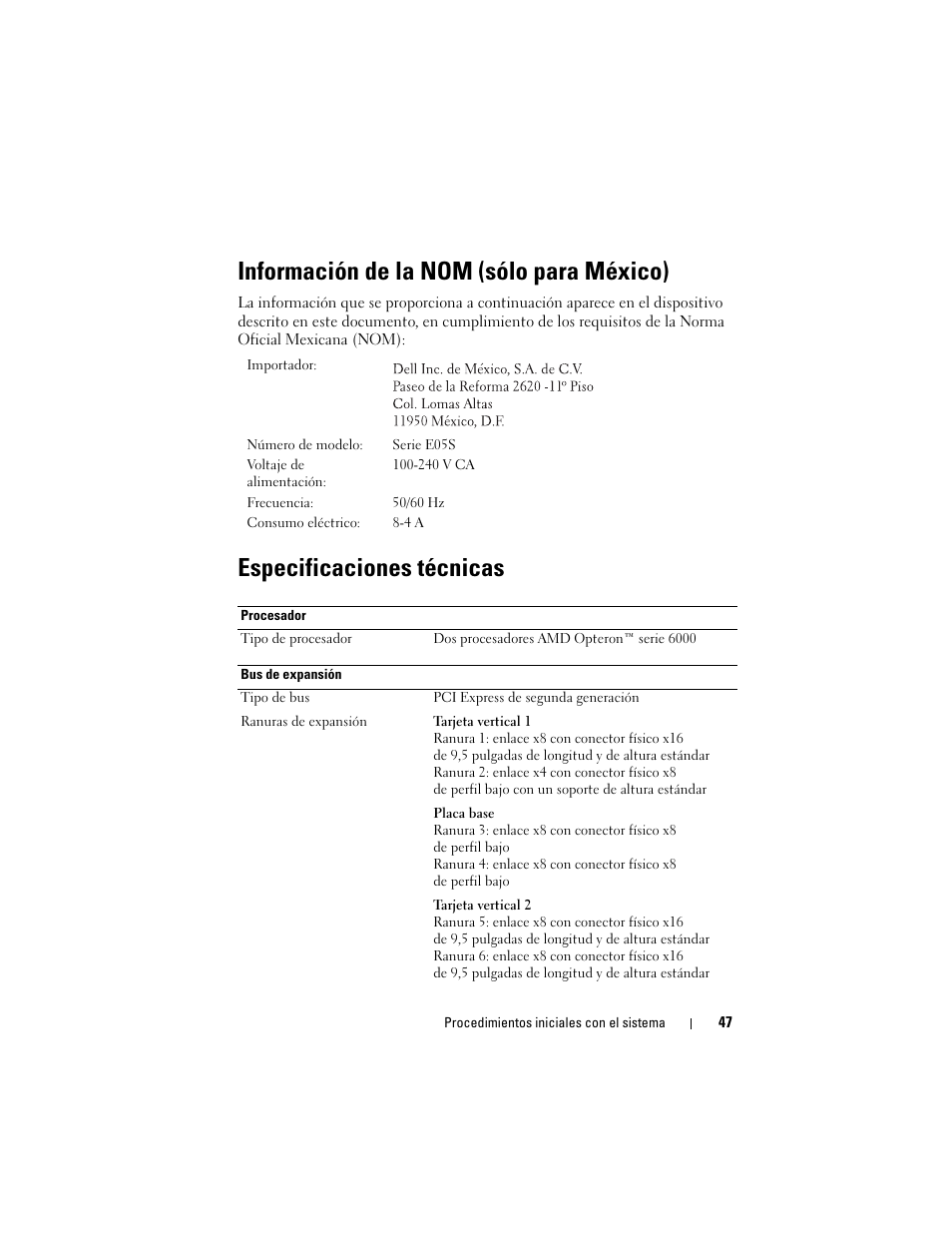 Información de la nom (sólo para méxico), Especificaciones técnicas | Dell PowerEdge R715 User Manual | Page 49 / 54