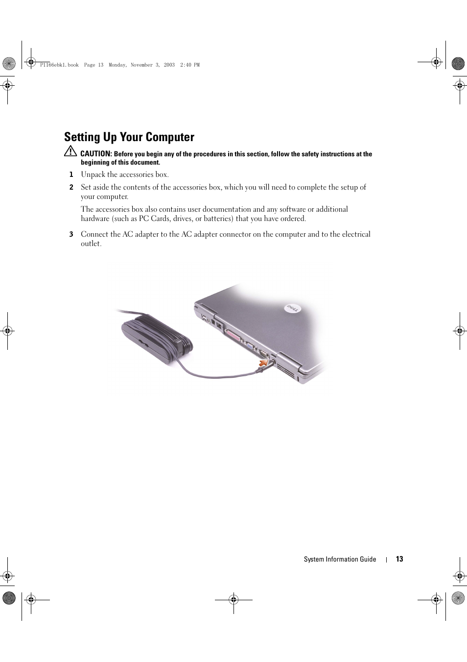 Setting up your computer | Dell Latitude D505 User Manual | Page 15 / 126