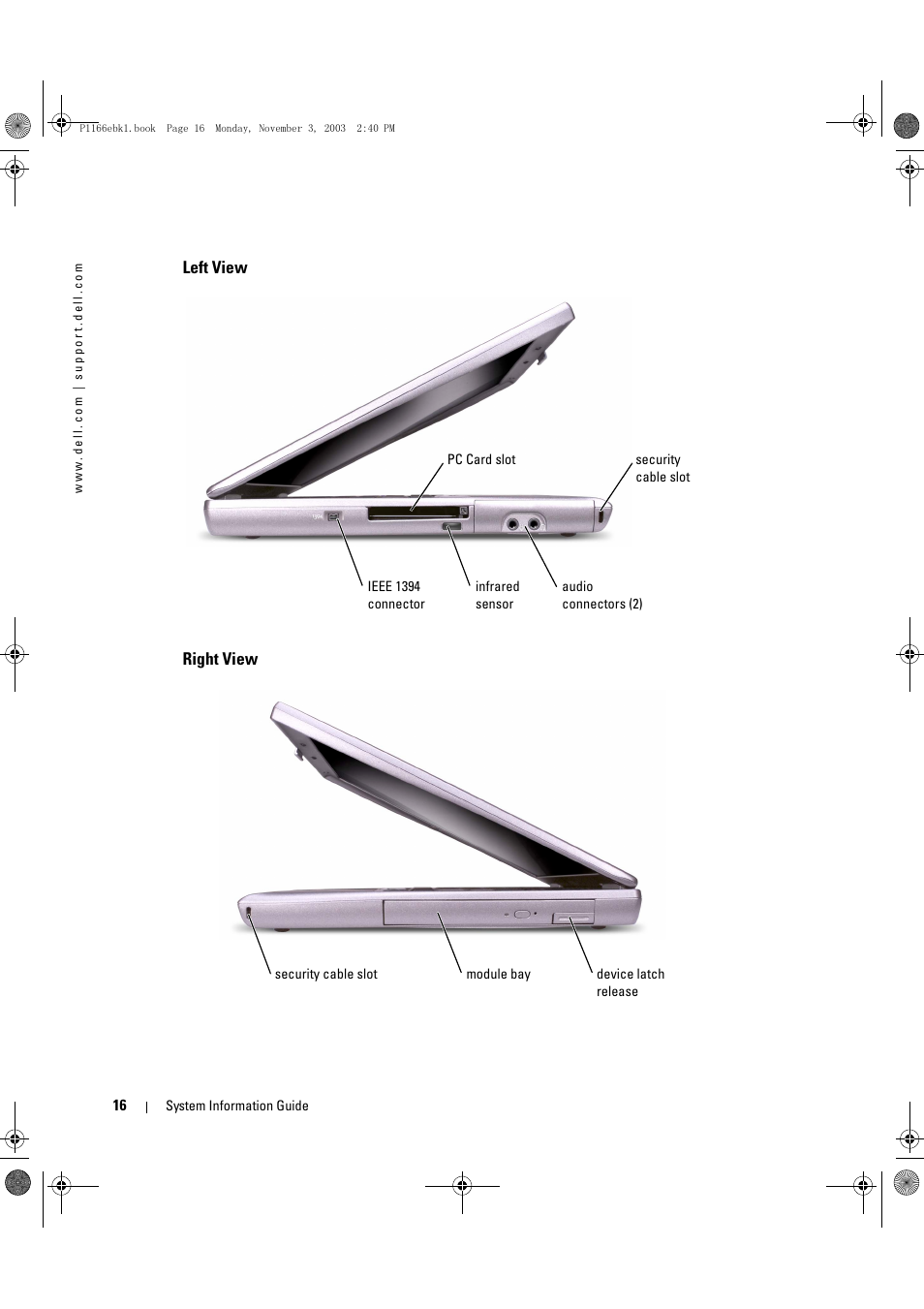 Left view, Right view | Dell Latitude D505 User Manual | Page 18 / 126