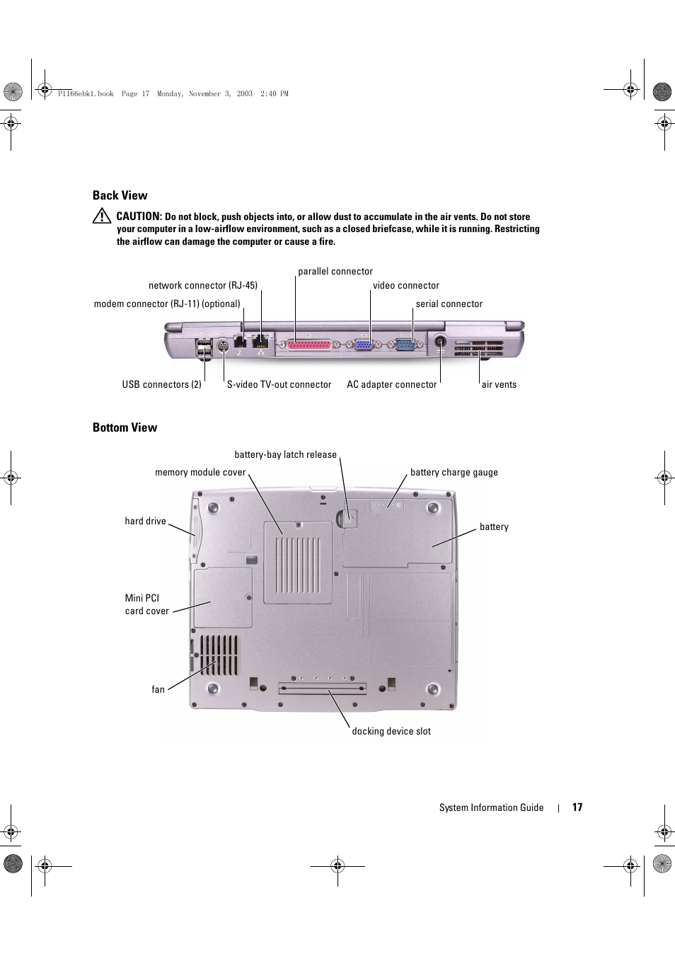 Back view, Bottom view | Dell Latitude D505 User Manual | Page 19 / 126