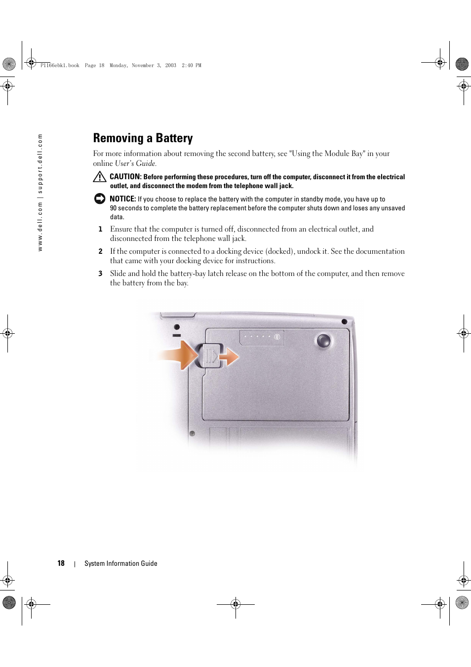 Removing a battery | Dell Latitude D505 User Manual | Page 20 / 126