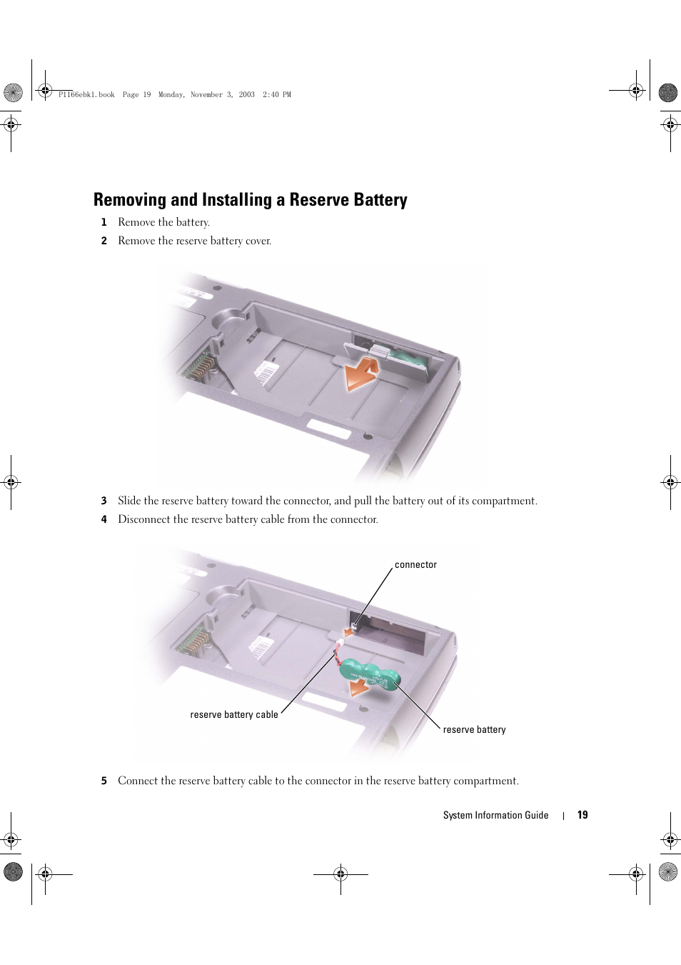 Removing and installing a reserve battery | Dell Latitude D505 User Manual | Page 21 / 126