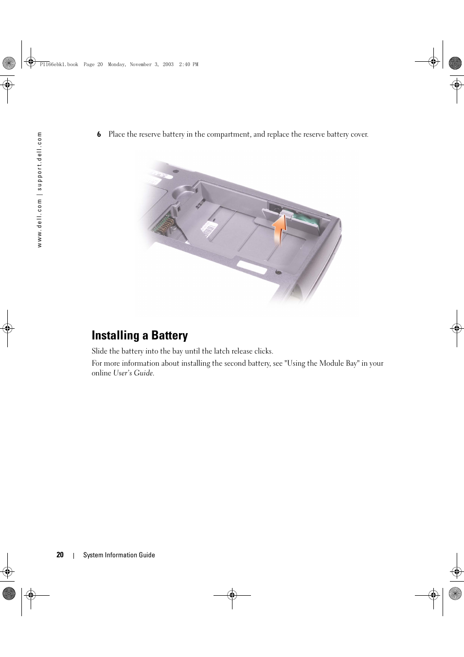 Installing a battery | Dell Latitude D505 User Manual | Page 22 / 126
