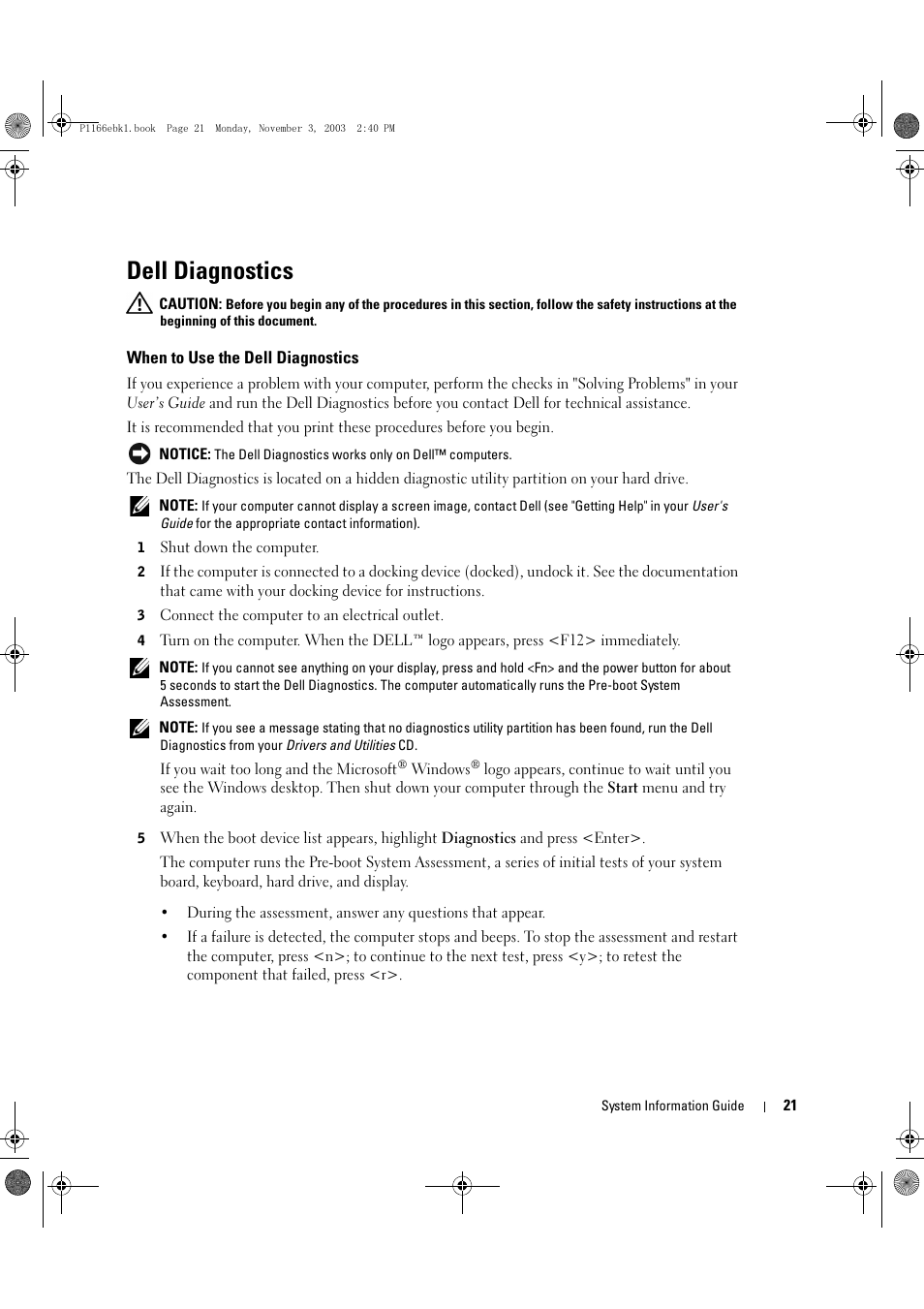 Dell diagnostics, When to use the dell diagnostics | Dell Latitude D505 User Manual | Page 23 / 126