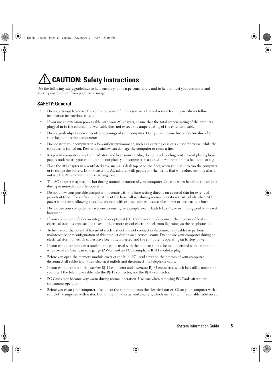 Caution: safety instructions, Safety: general | Dell Latitude D505 User Manual | Page 7 / 126