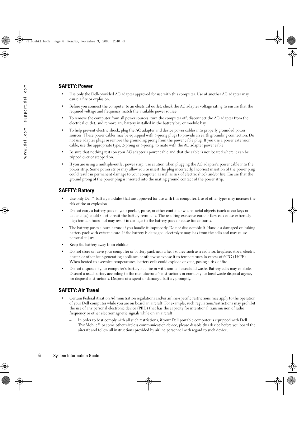 Safety: power, Safety: battery, Safety: air travel | Dell Latitude D505 User Manual | Page 8 / 126