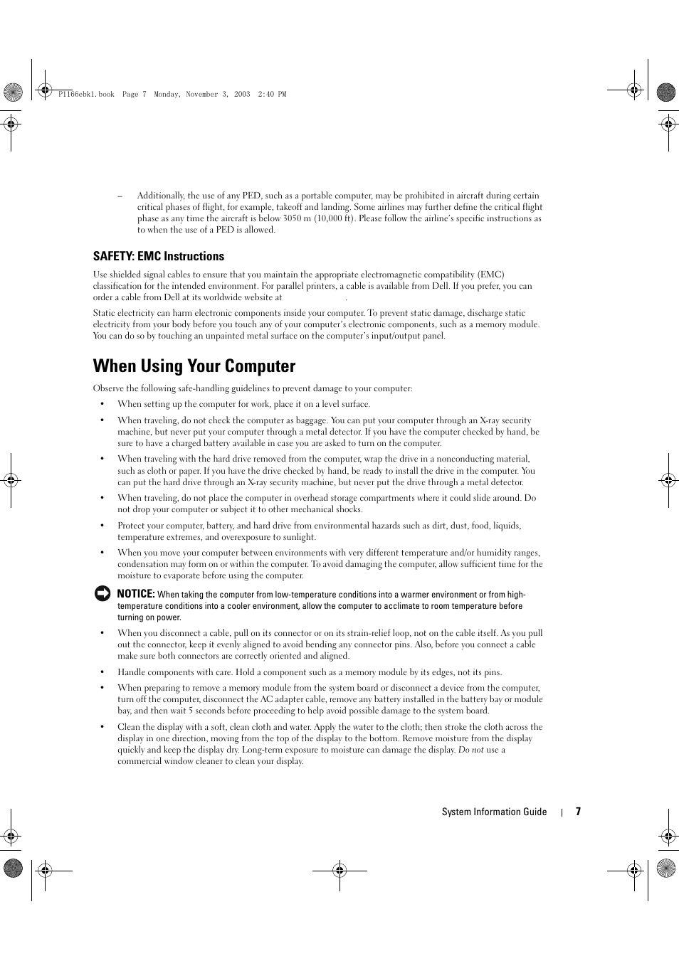 Safety: emc instructions, When using your computer | Dell Latitude D505 User Manual | Page 9 / 126
