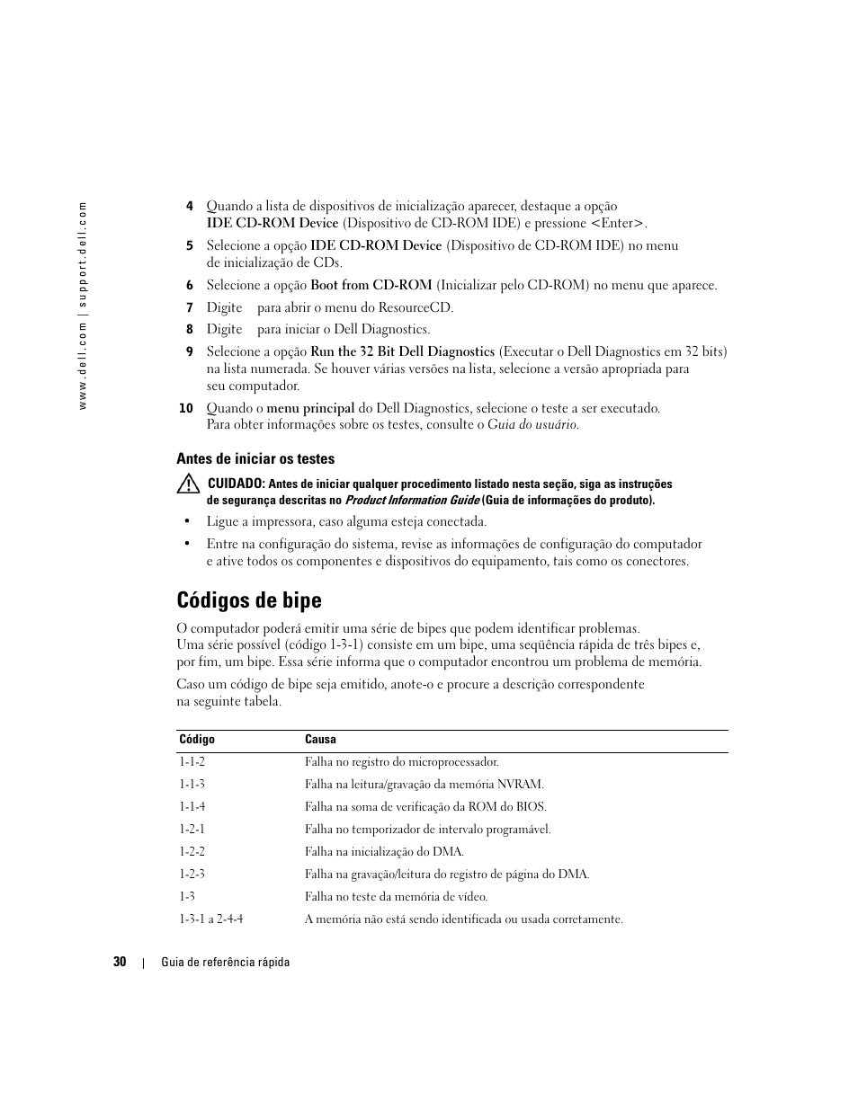Antes de iniciar os testes, Códigos de bipe | Dell Precision 370 User Manual | Page 110 / 162