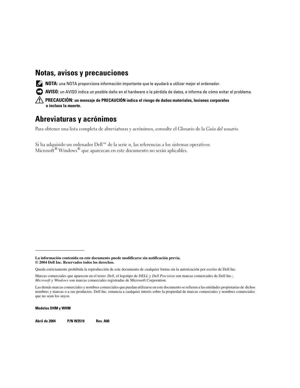 Notas, avisos y precauciones, Abreviaturas y acrónimos | Dell Precision 370 User Manual | Page 122 / 162