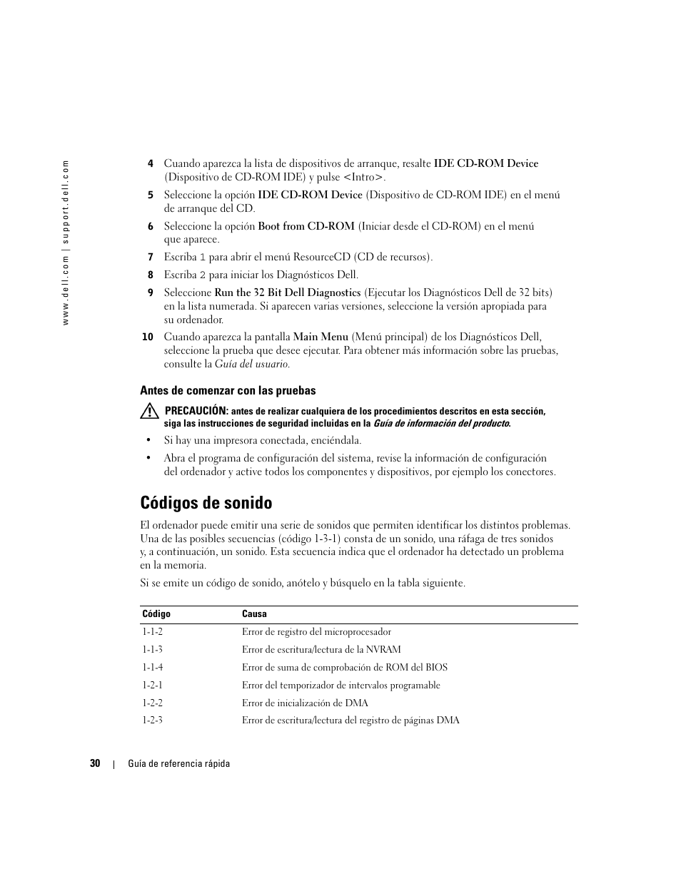 Antes de comenzar con las pruebas, Códigos de sonido | Dell Precision 370 User Manual | Page 150 / 162