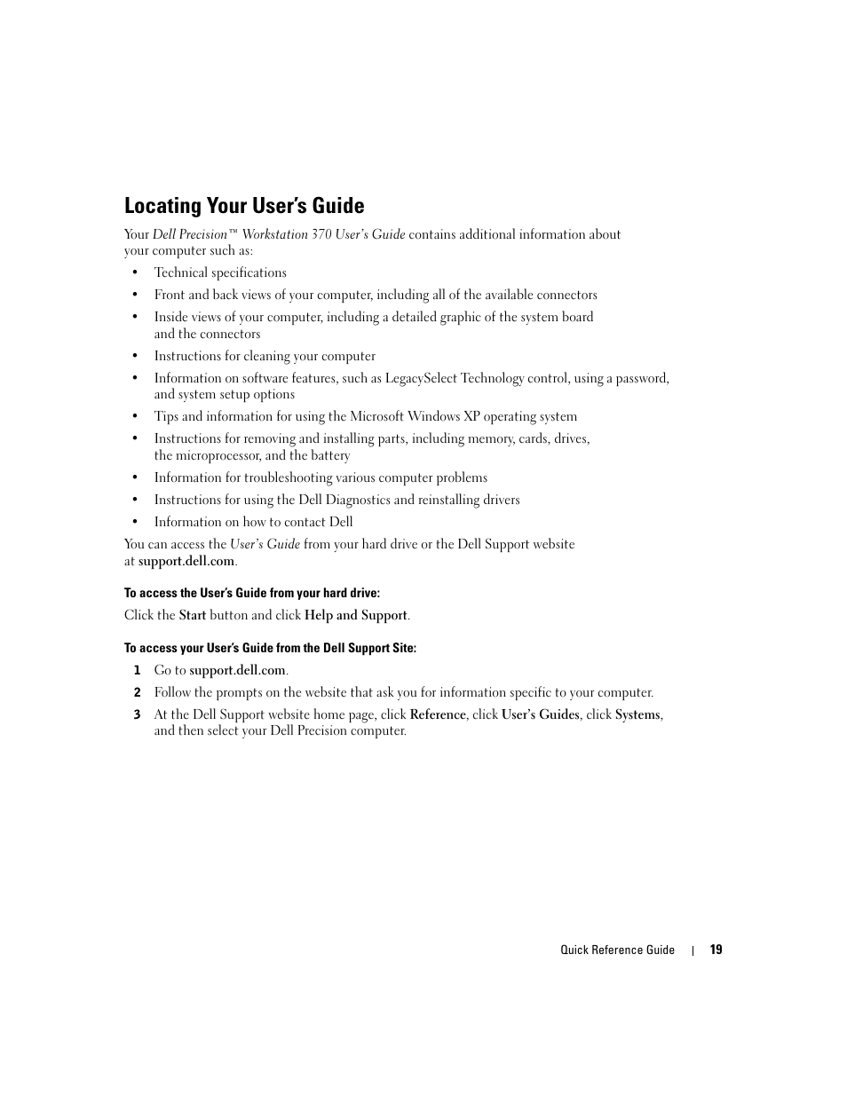 Locating your user’s guide | Dell Precision 370 User Manual | Page 19 / 162