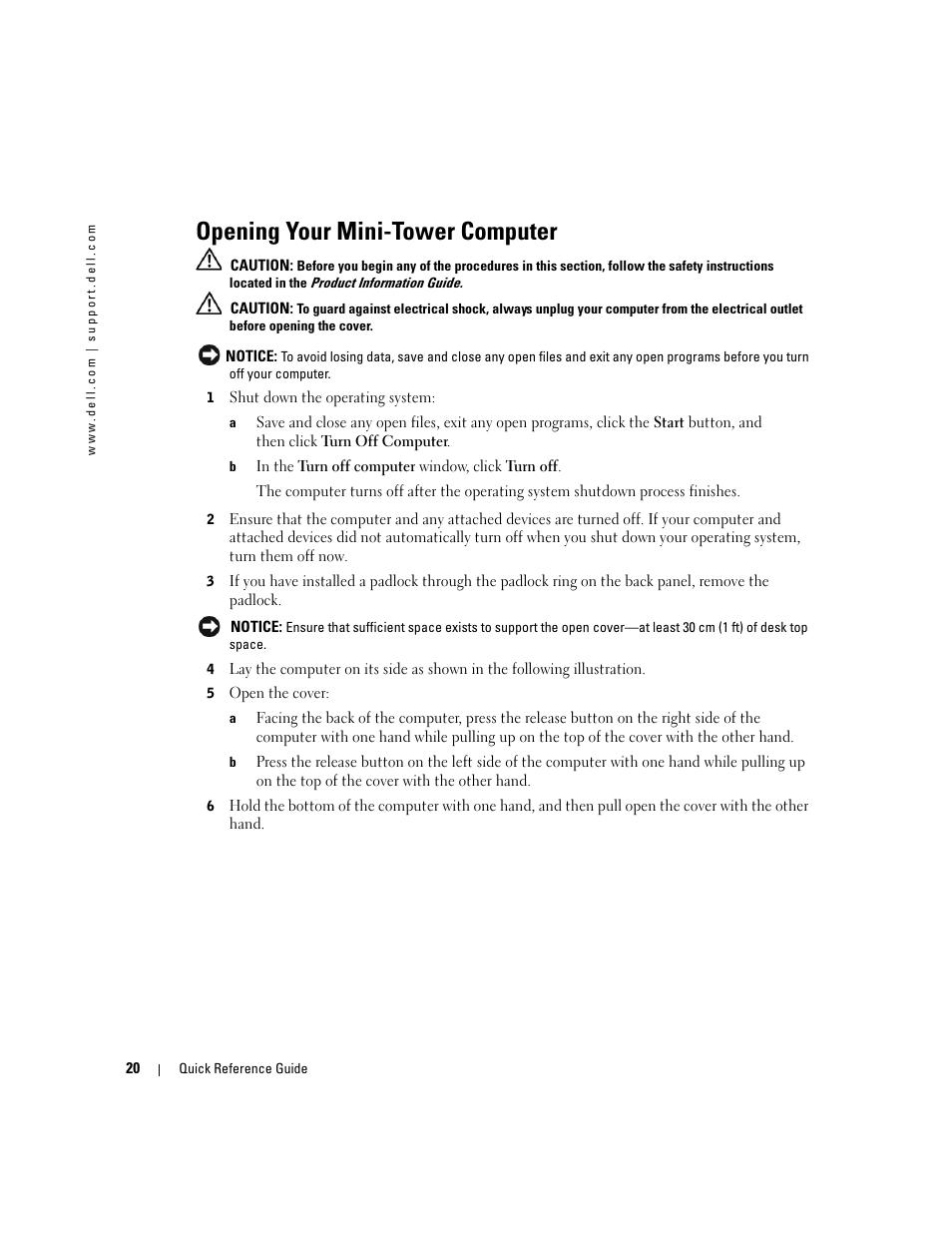 Opening your mini-tower computer | Dell Precision 370 User Manual | Page 20 / 162