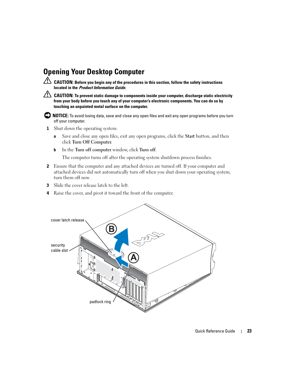 Opening your desktop computer | Dell Precision 370 User Manual | Page 23 / 162