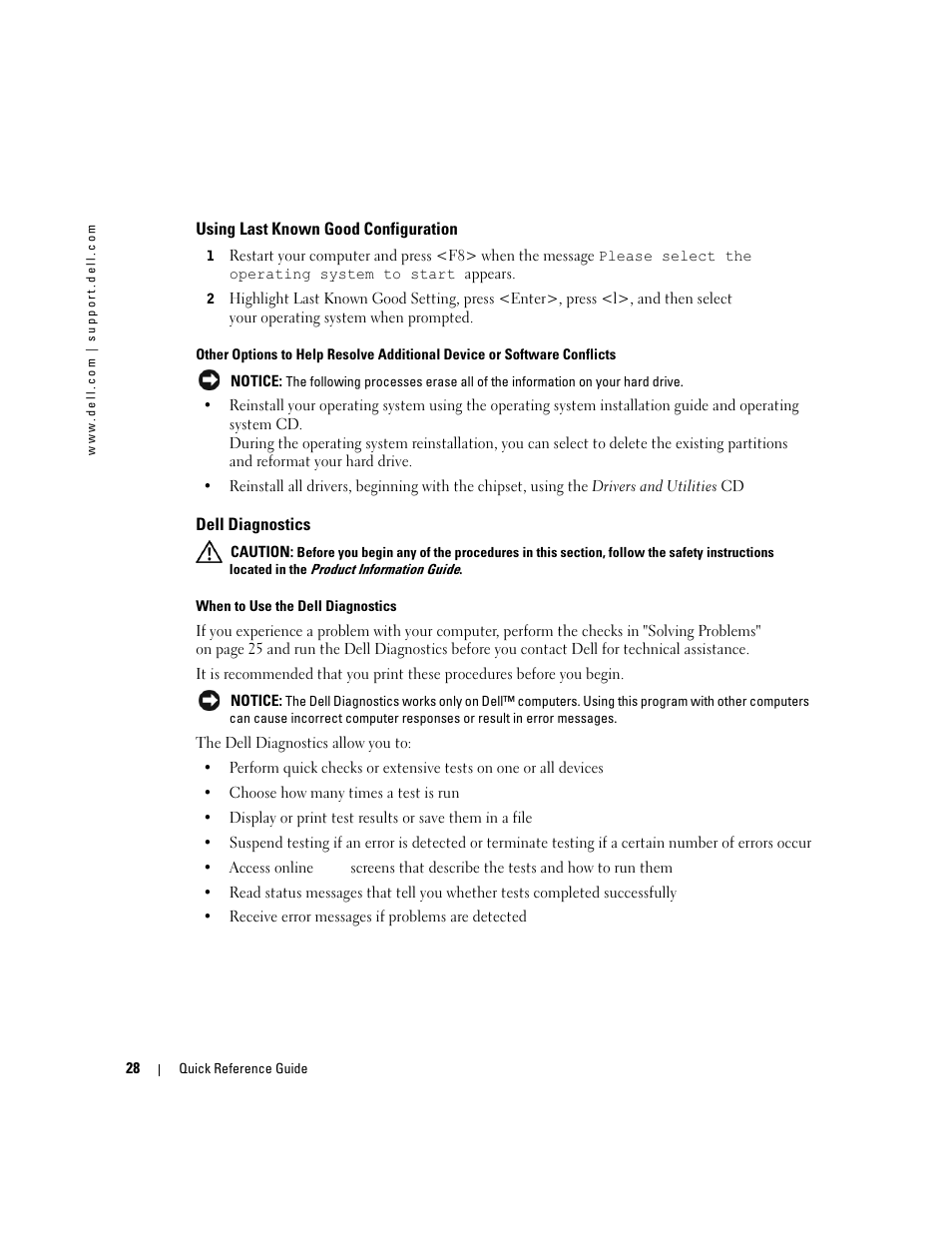 Using last known good configuration, Dell diagnostics | Dell Precision 370 User Manual | Page 28 / 162