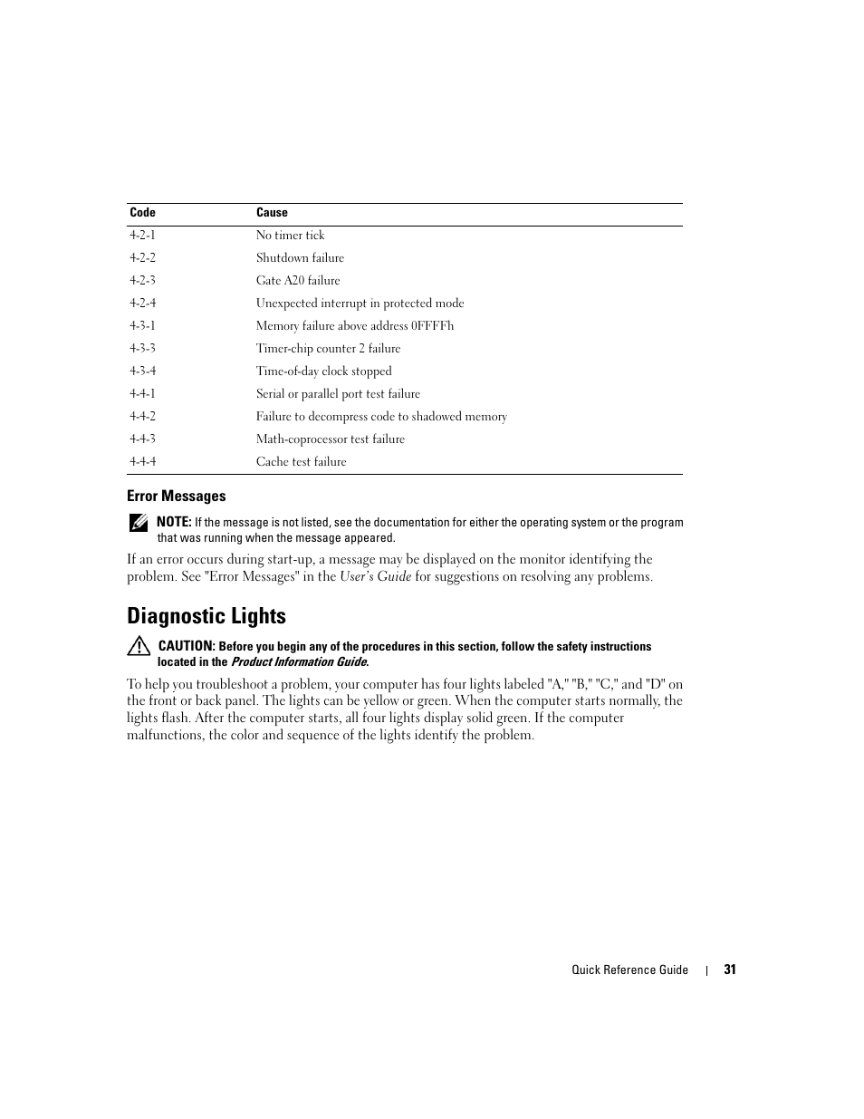 Error messages, Diagnostic lights | Dell Precision 370 User Manual | Page 31 / 162