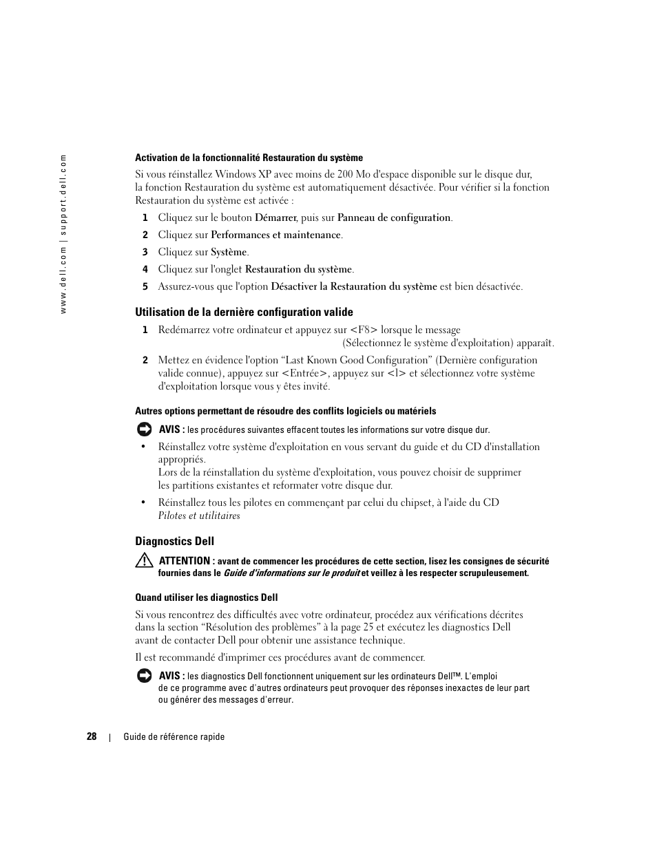 Utilisation de la dernière configuration valide, Diagnostics dell | Dell Precision 370 User Manual | Page 68 / 162