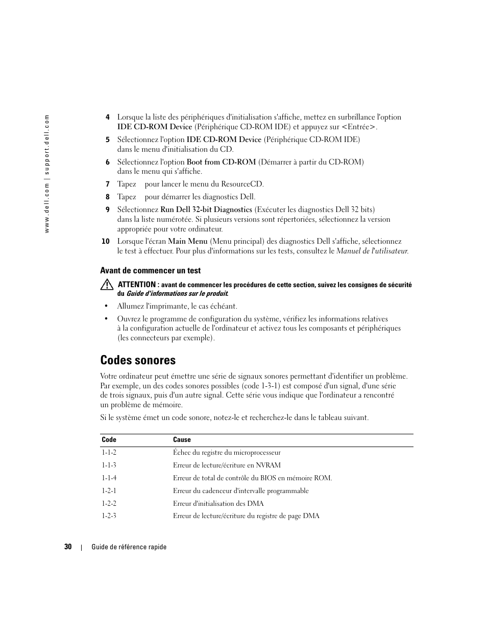 Avant de commencer un test, Codes sonores | Dell Precision 370 User Manual | Page 70 / 162