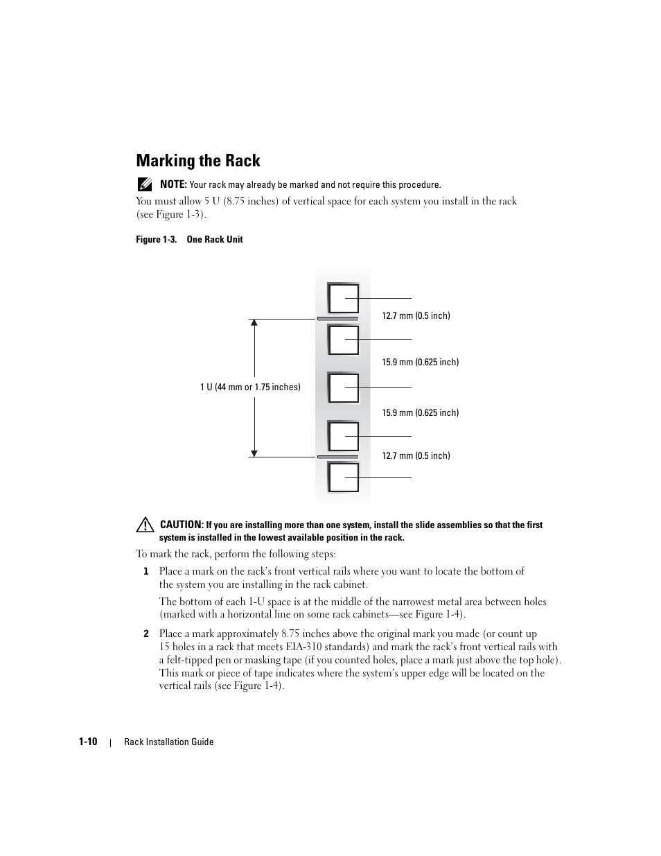 Marking the rack, Figure 1-3, One rack unit | Dell PowerEdge 1800 User Manual | Page 12 / 112