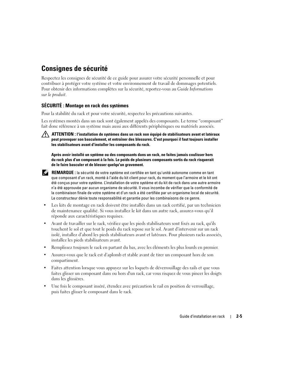 Consignes de sécurité, Sécurité : montage en rack des systèmes | Dell PowerEdge 1800 User Manual | Page 29 / 112