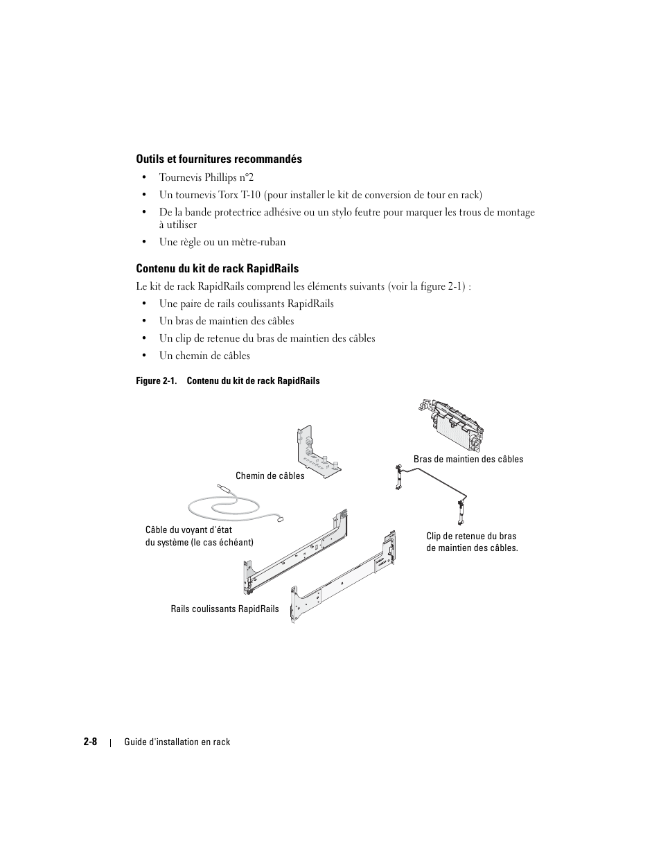 Outils et fournitures recommandés, Contenu du kit de rack rapidrails, Figure 2-1 | Dell PowerEdge 1800 User Manual | Page 32 / 112