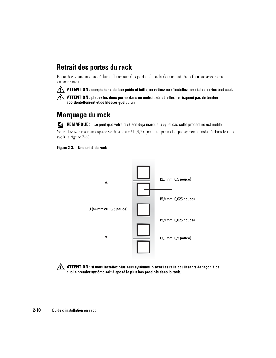 Retrait des portes du rack, Marquage du rack, Figure 2-3 | Une unité de rack | Dell PowerEdge 1800 User Manual | Page 34 / 112