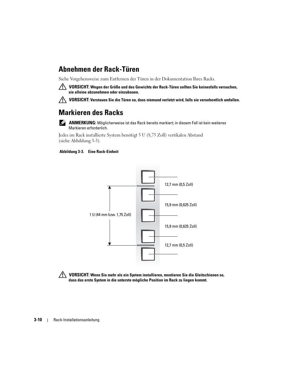 Abnehmen der rack-türen, Markieren des racks, Abbildung 3-3 | Eine rack-einheit | Dell PowerEdge 1800 User Manual | Page 56 / 112