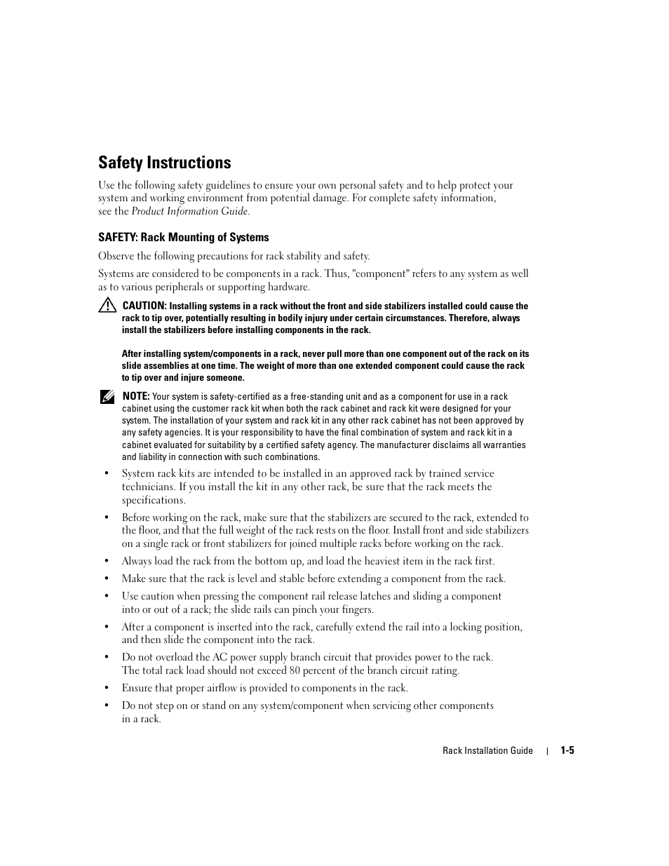 Safety instructions, Safety: rack mounting of systems | Dell PowerEdge 1800 User Manual | Page 7 / 112