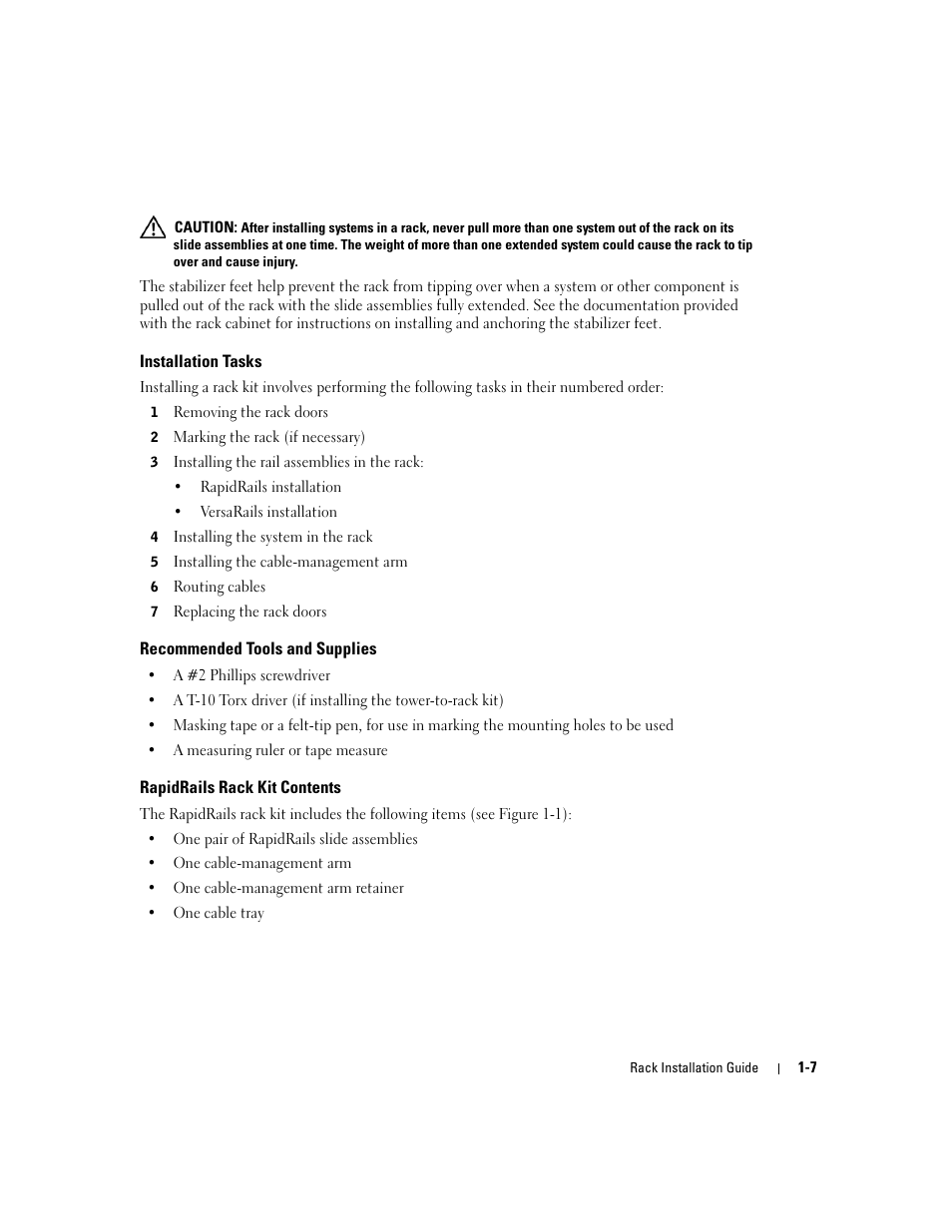 Installation tasks, Recommended tools and supplies, Rapidrails rack kit contents | Dell PowerEdge 1800 User Manual | Page 9 / 112