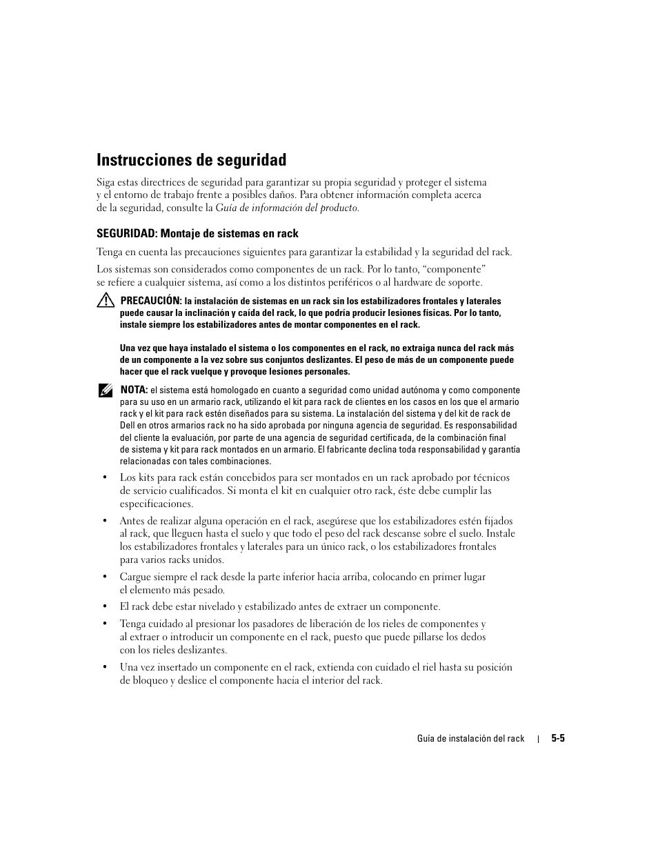 Instrucciones de seguridad, Seguridad: montaje de sistemas en rack | Dell PowerEdge 1800 User Manual | Page 95 / 112