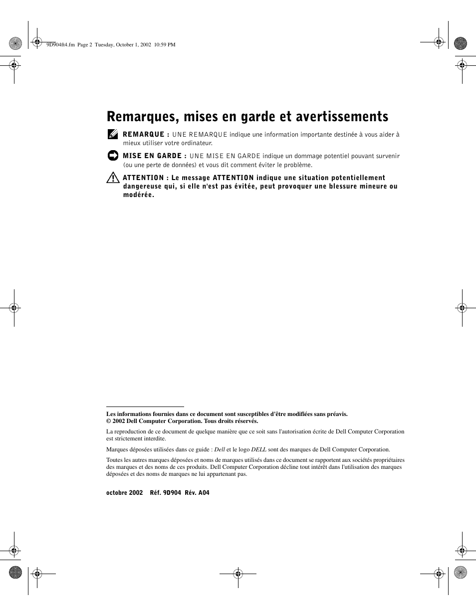 Remarques, mises en garde et avertissements | Dell PowerEdge 500SC User Manual | Page 16 / 56