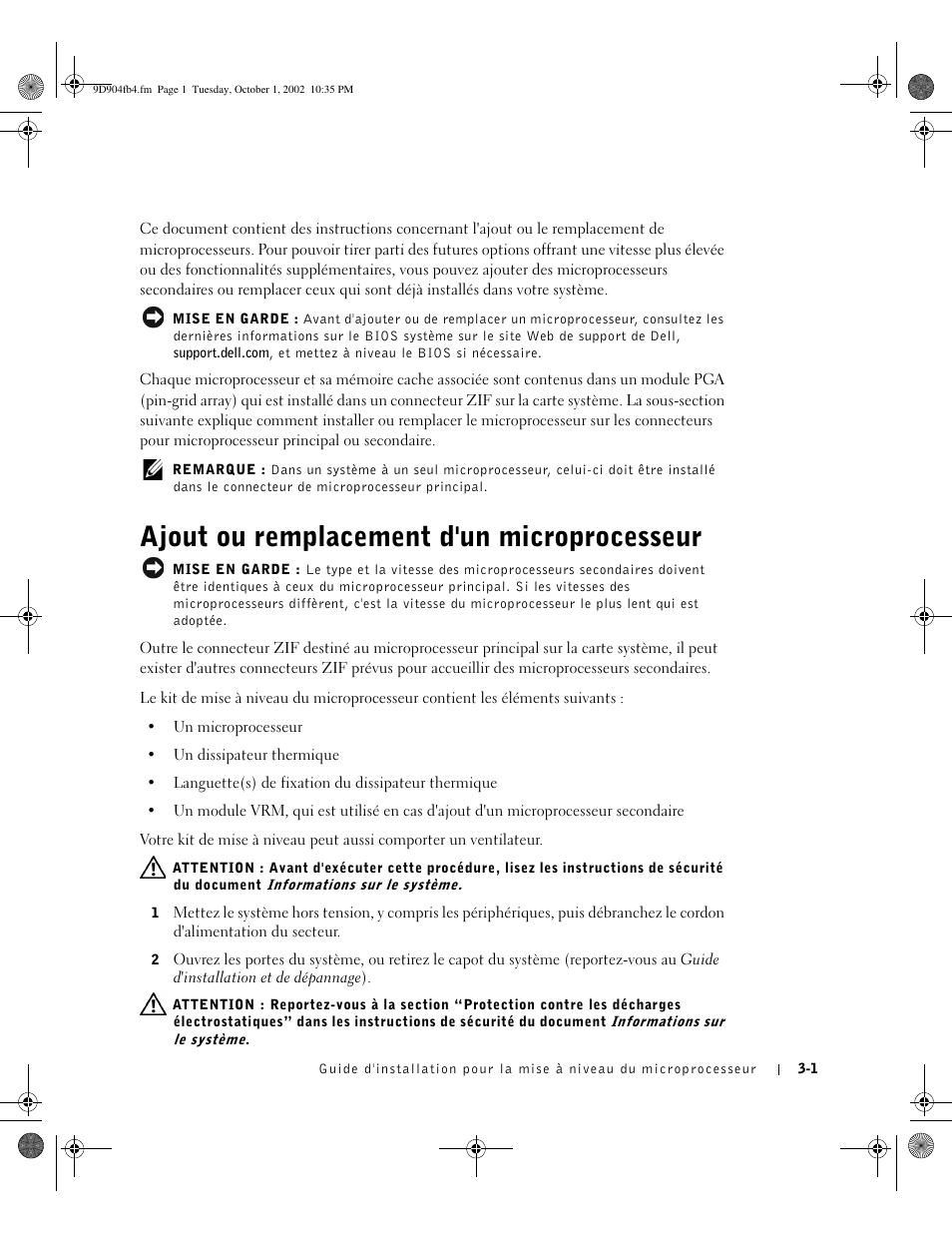 Ajout ou remplacement d'un microprocesseur | Dell PowerEdge 500SC User Manual | Page 17 / 56