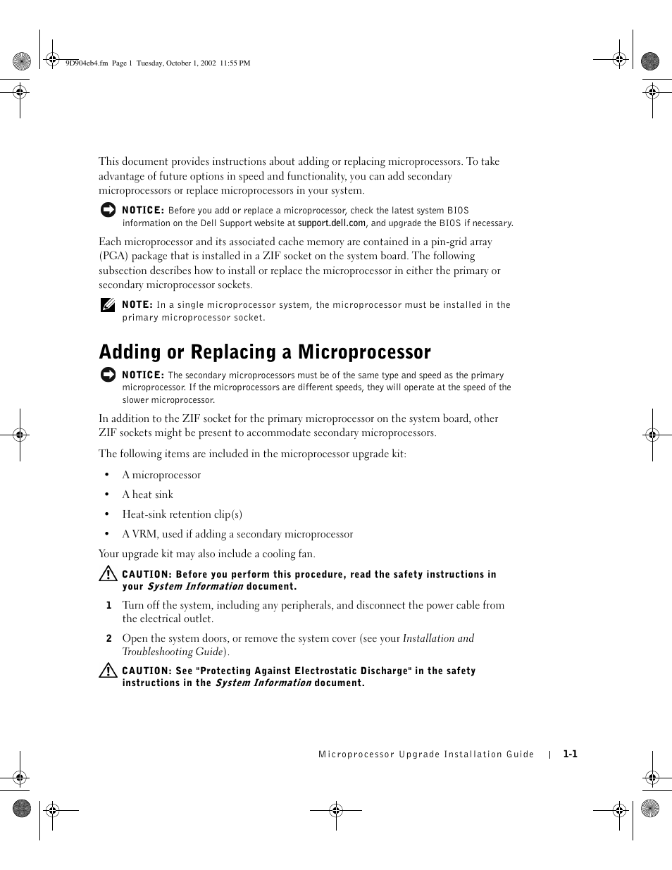 Adding or replacing a microprocessor | Dell PowerEdge 500SC User Manual | Page 3 / 56