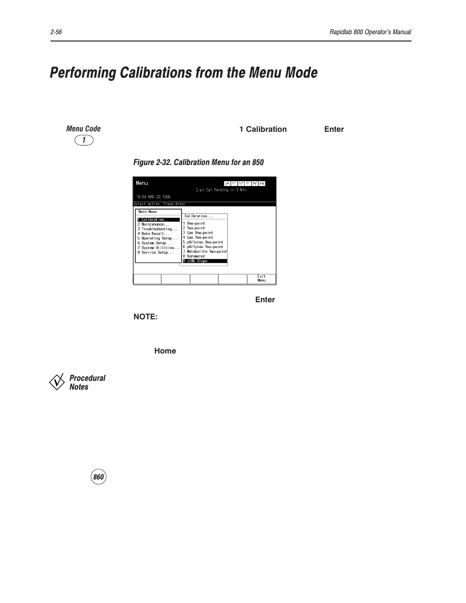 Performing calibrations from the menu mode | Bayer HealthCare Rapidlab 800 User Manual | Page 154 / 699